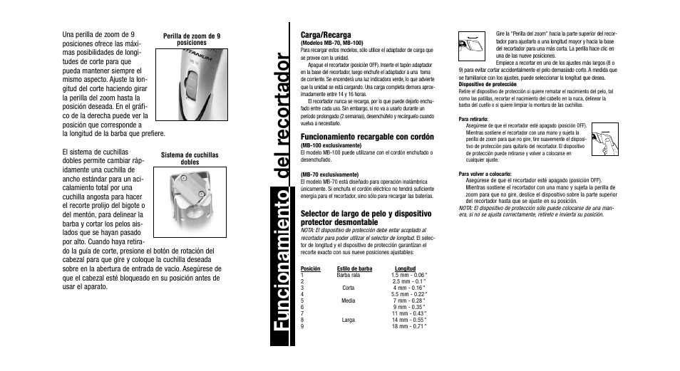 Funcionamiento del r ecortador, Carga/recarga, Funcionamiento recargable con cordón | Remington MB-70 User Manual | Page 15 / 18