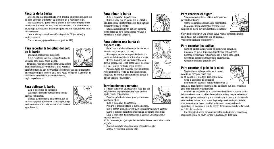 Para recortar el bigote, Para recortar las patillas, Para recortar el pelo de la nuca | Para afinar la barba, Para obtener una barba de aspecto ralo, Terminaciones y remates, Recorte de la barba, Para recortar la longitud del pelo de la barba, Para delinear la barba | Remington MB-70 User Manual | Page 16 / 18