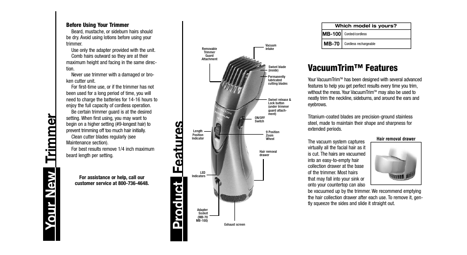 Your new t rimmer, Pr oduct featur es, Vacuumtrim™ features | Remington MB-70 User Manual | Page 2 / 18