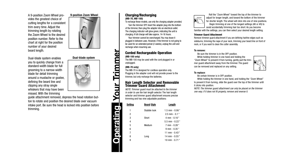 Operating y our t rimmer | Remington MB-70 User Manual | Page 3 / 18