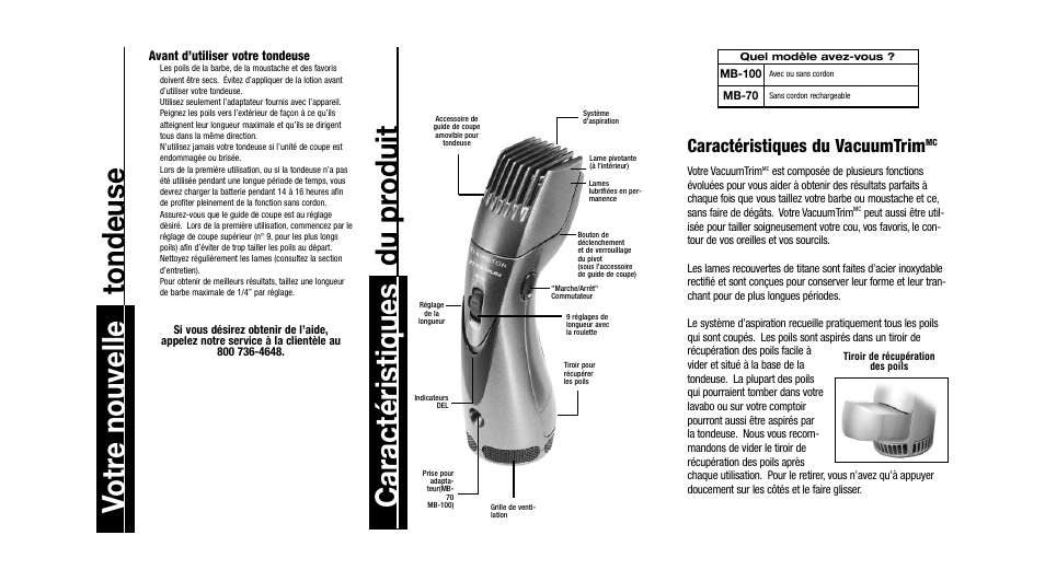 Votr e nouvelle tondeuse, Caract é ristiques du pr oduit, Caractéristiques du vacuumtrim | Remington MB-70 User Manual | Page 8 / 18