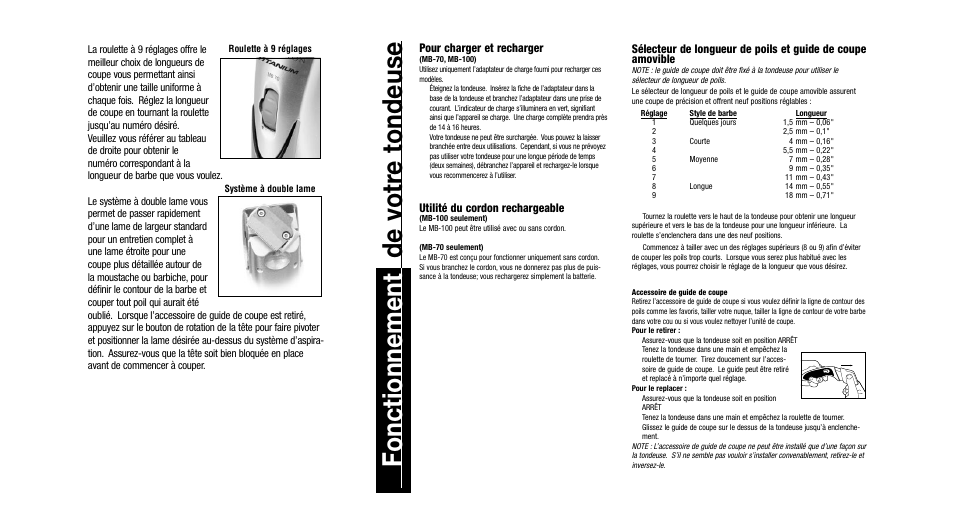 Fonctionnement de votr e tondeuse, Pour charger et recharger, Utilité du cordon rechargeable | Remington MB-70 User Manual | Page 9 / 18