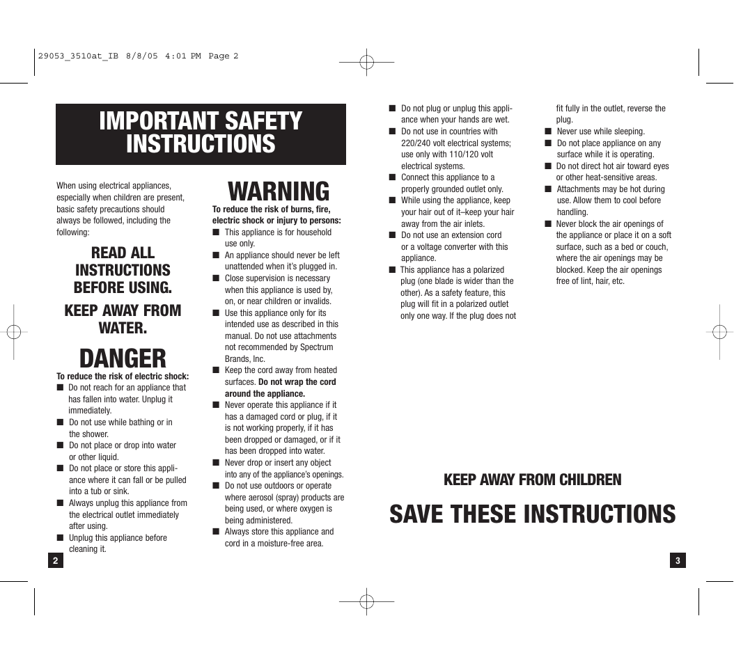 Danger, Warning, Important safety instructions | Save these instructions, Keep away from children | Remington D-3510at User Manual | Page 2 / 7