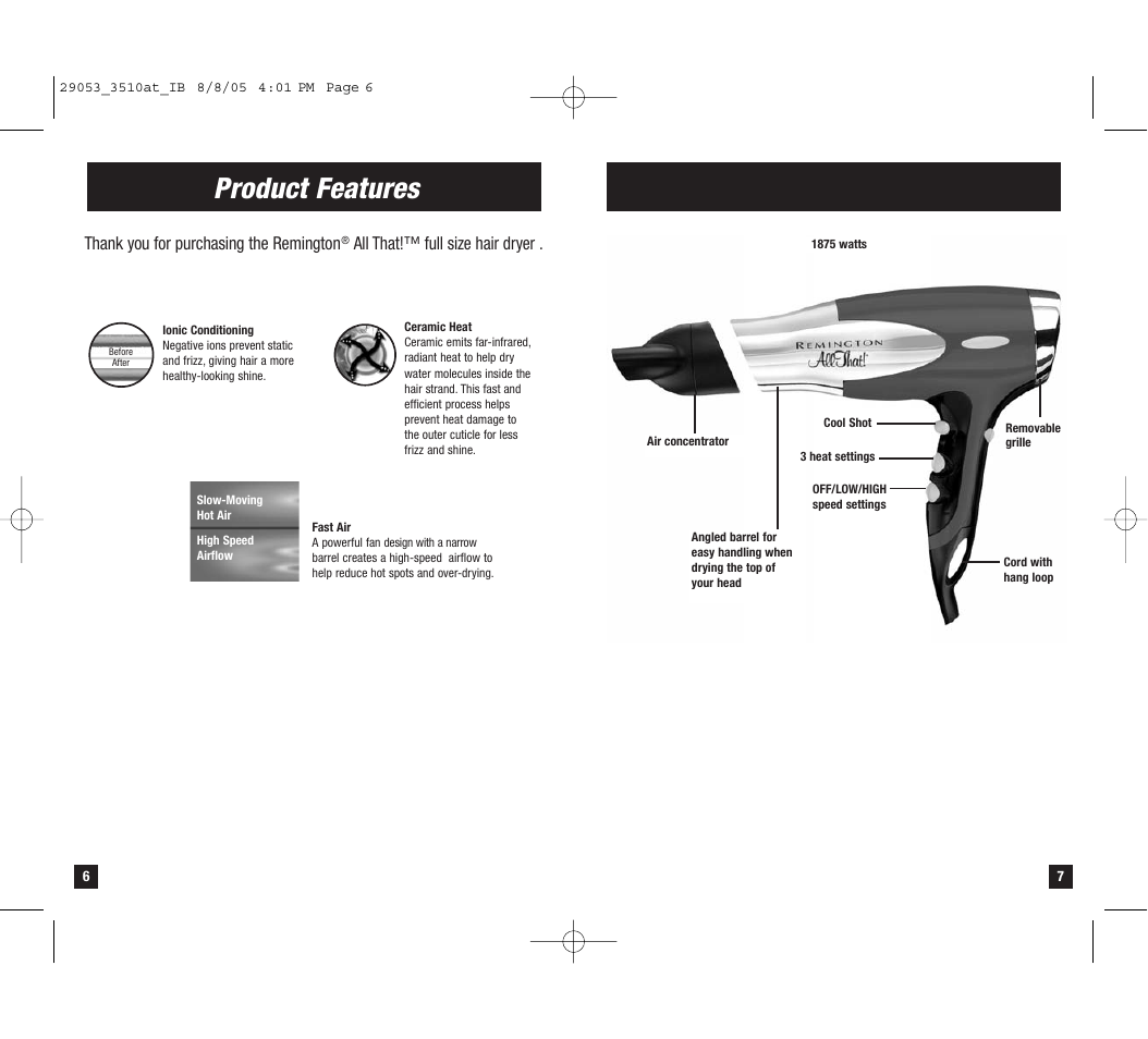 Product features, All that!™ full size hair dryer | Remington D-3510at User Manual | Page 4 / 7