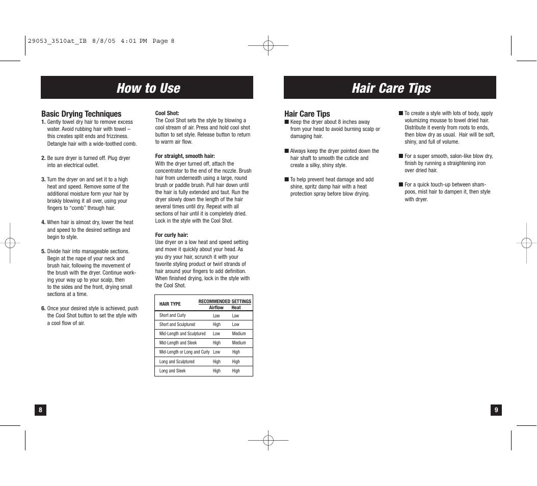 Hair care tips how to use, Hair care tips, Basic drying techniques | Remington D-3510at User Manual | Page 5 / 7