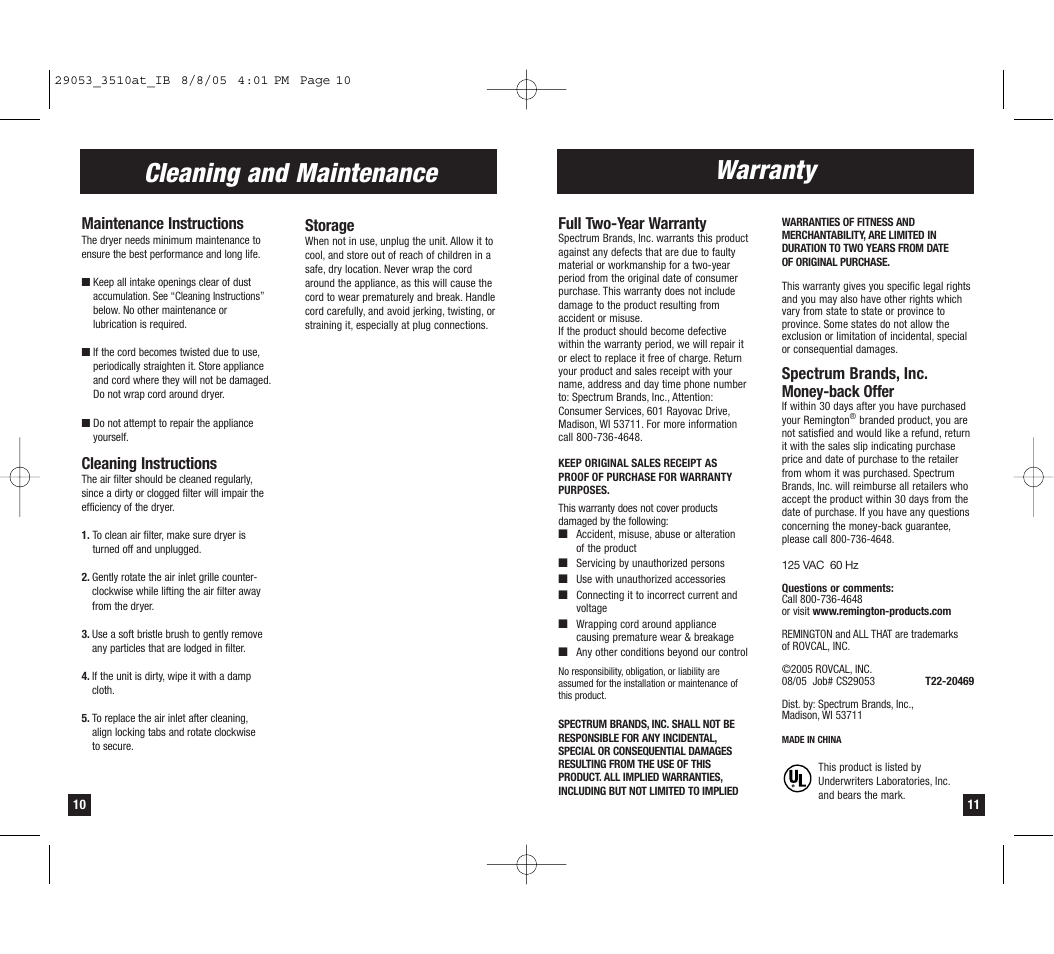 Warranty, Cleaning and maintenance, Spectrum brands, inc. money-back offer | Full two-year warranty, Maintenance instructions, Cleaning instructions, Storage | Remington D-3510at User Manual | Page 6 / 7