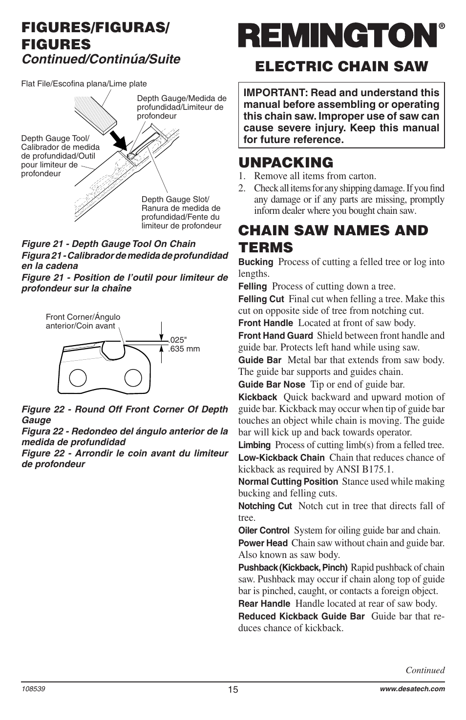 Figures/figuras/ figures, Unpacking, Chain saw names and terms | Electric chain saw, Continued/continúa/suite | Remington 104316-04 User Manual | Page 15 / 52