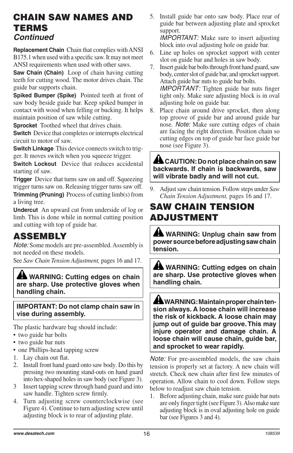 Assembly, Chain saw names and terms, Saw chain tension adjustment | Continued | Remington 104316-04 User Manual | Page 16 / 52