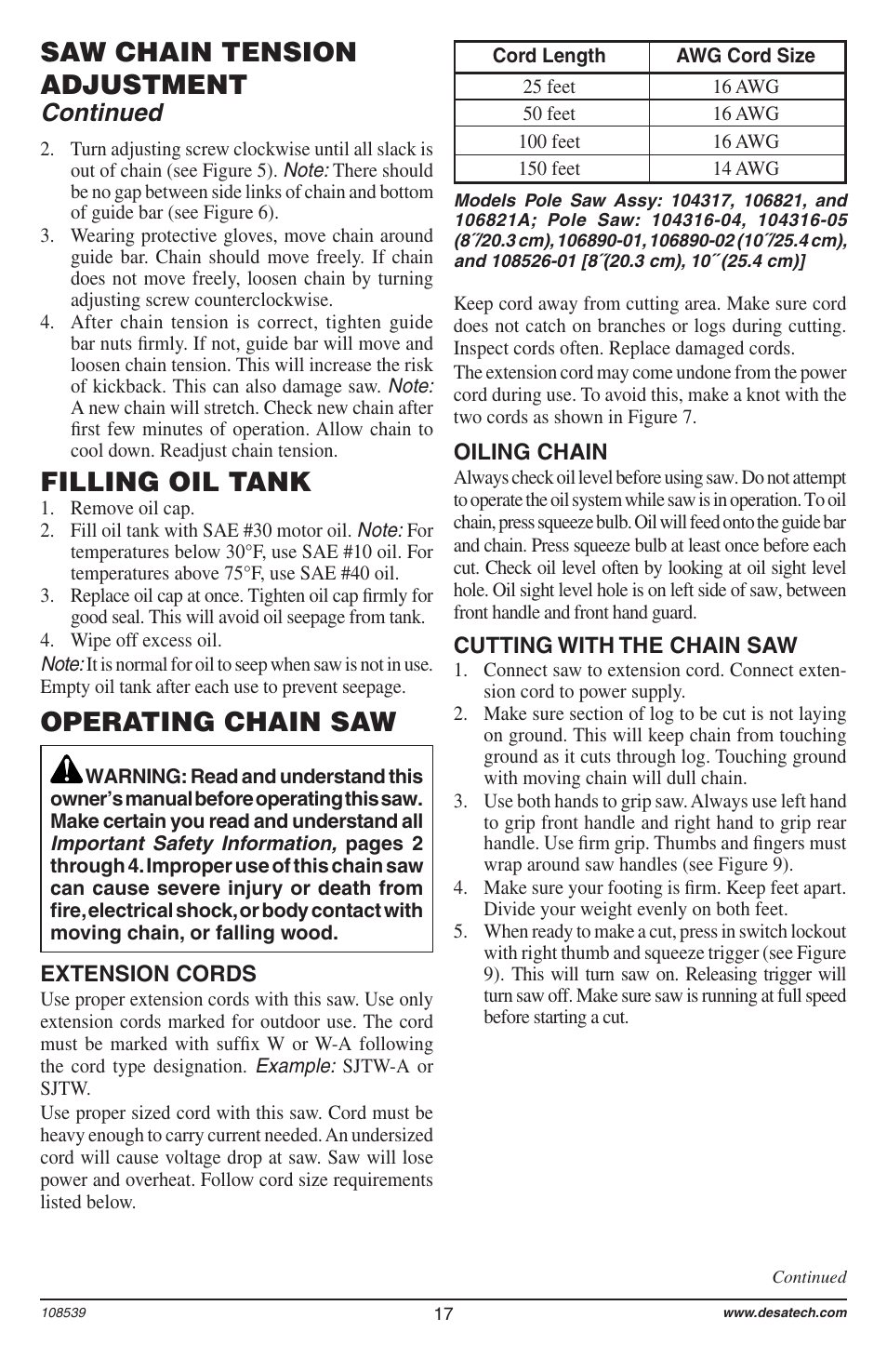 Saw chain tension adjustment, Filling oil tank, Operating chain saw | Continued | Remington 104316-04 User Manual | Page 17 / 52