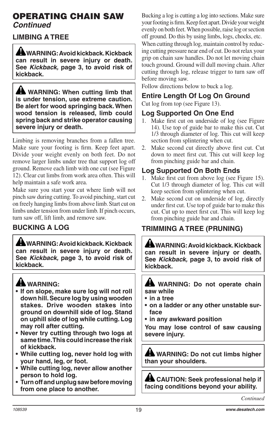 Operating chain saw, Continued | Remington 104316-04 User Manual | Page 19 / 52