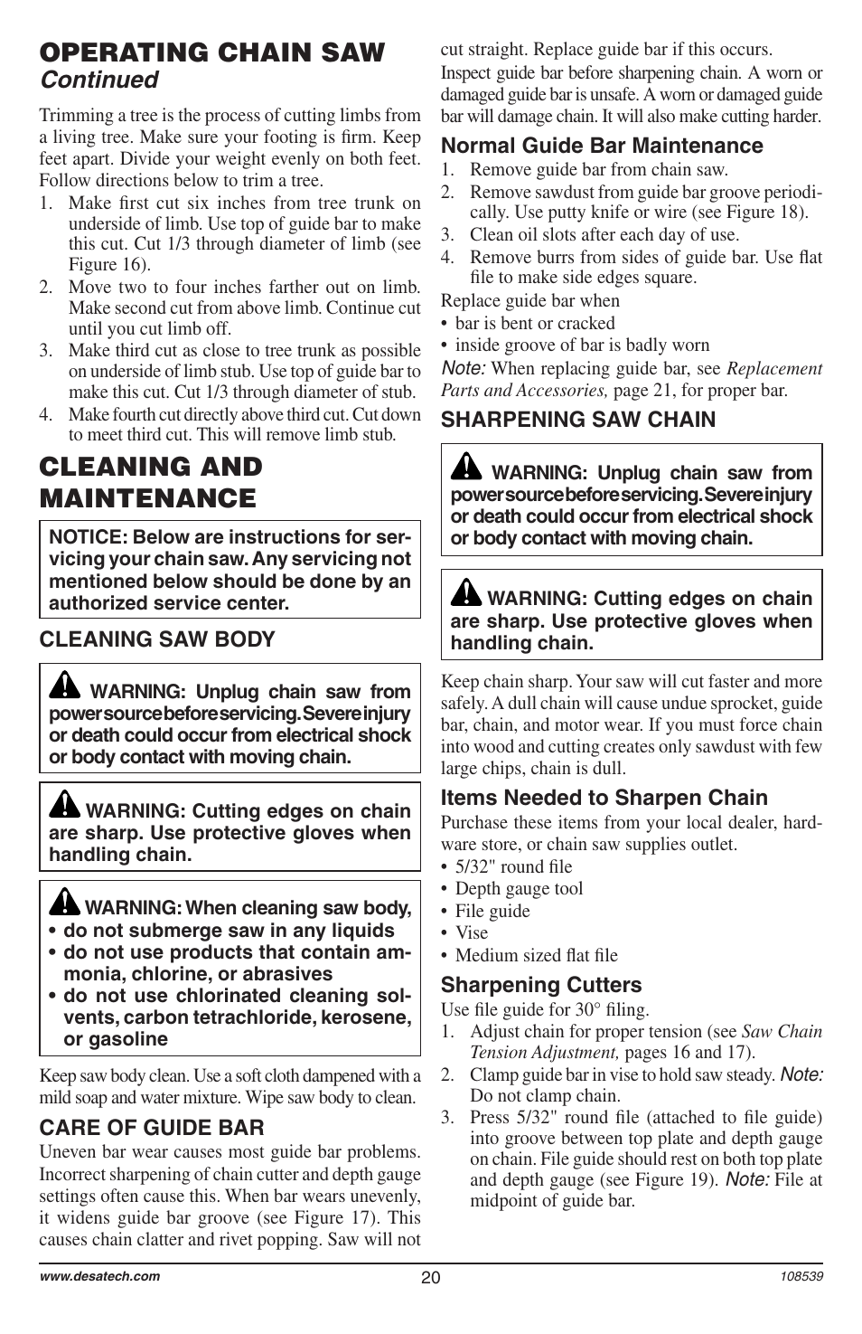 Operating chain saw, Cleaning and maintenance, Continued | Remington 104316-04 User Manual | Page 20 / 52