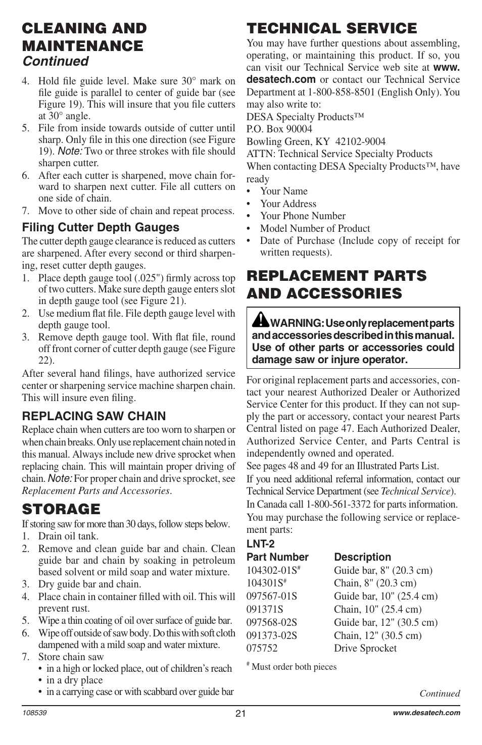 Cleaning and maintenance, Storage, Technical service | Replacement parts and accessories, Continued | Remington 104316-04 User Manual | Page 21 / 52