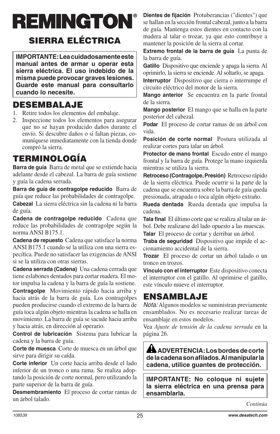 Sierra eléctrica terminología, Desembalaje, Ensamblaje | Remington 104316-04 User Manual | Page 25 / 52
