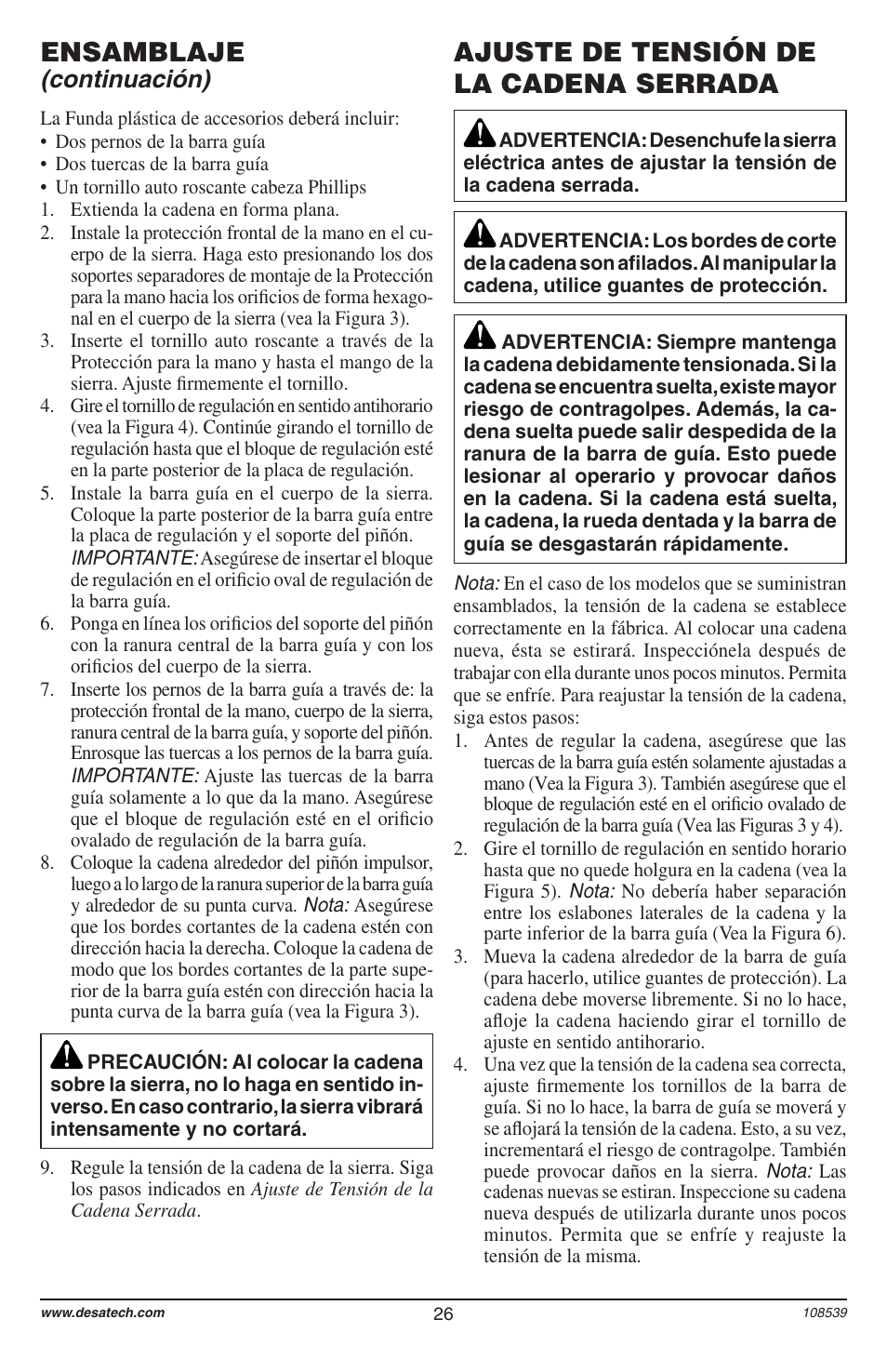 Ensamblaje, Ajuste de tensión de la cadena serrada, Continuación) | Remington 104316-04 User Manual | Page 26 / 52