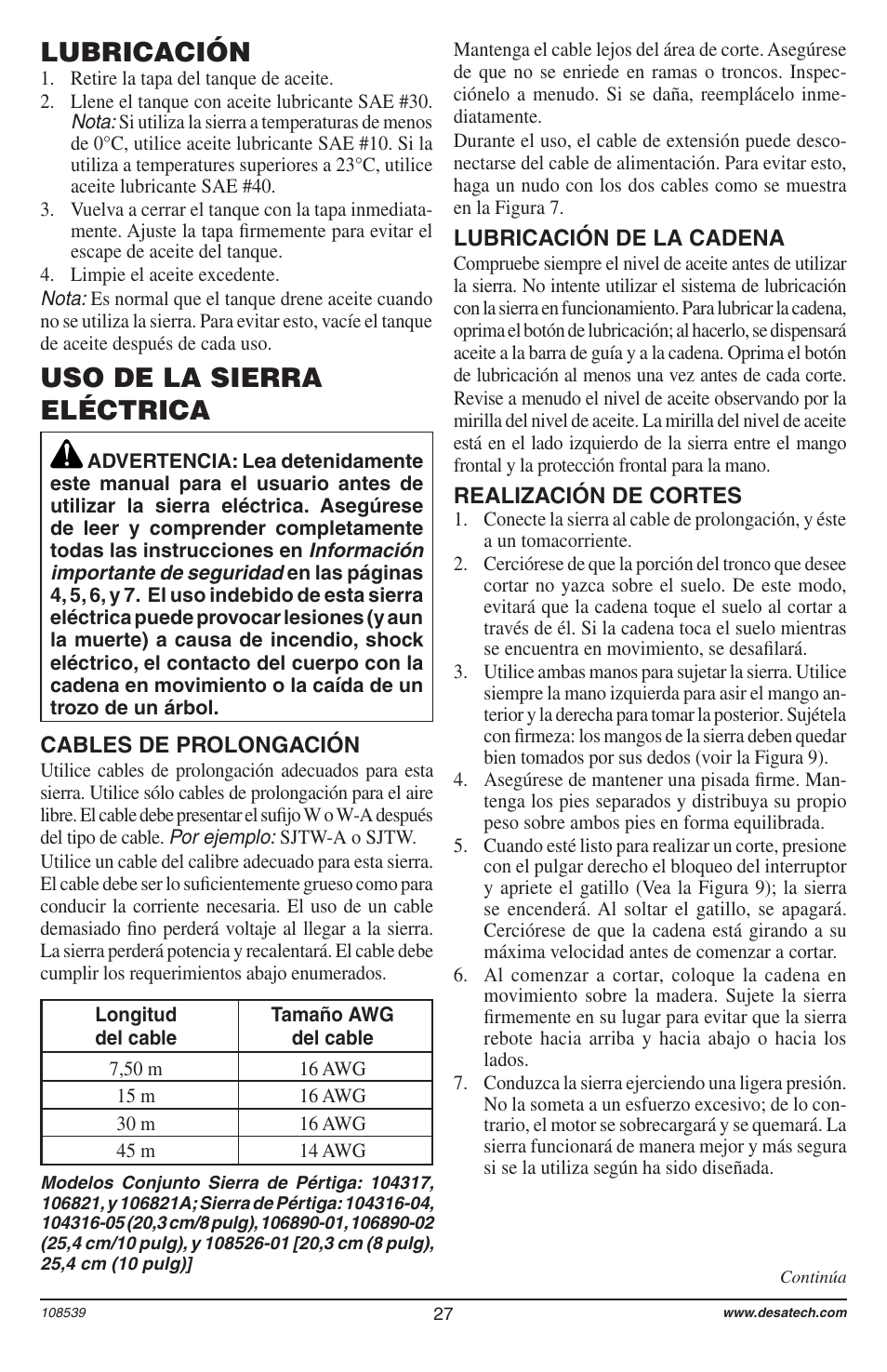 Lubricación, Uso de la sierra eléctrica | Remington 104316-04 User Manual | Page 27 / 52