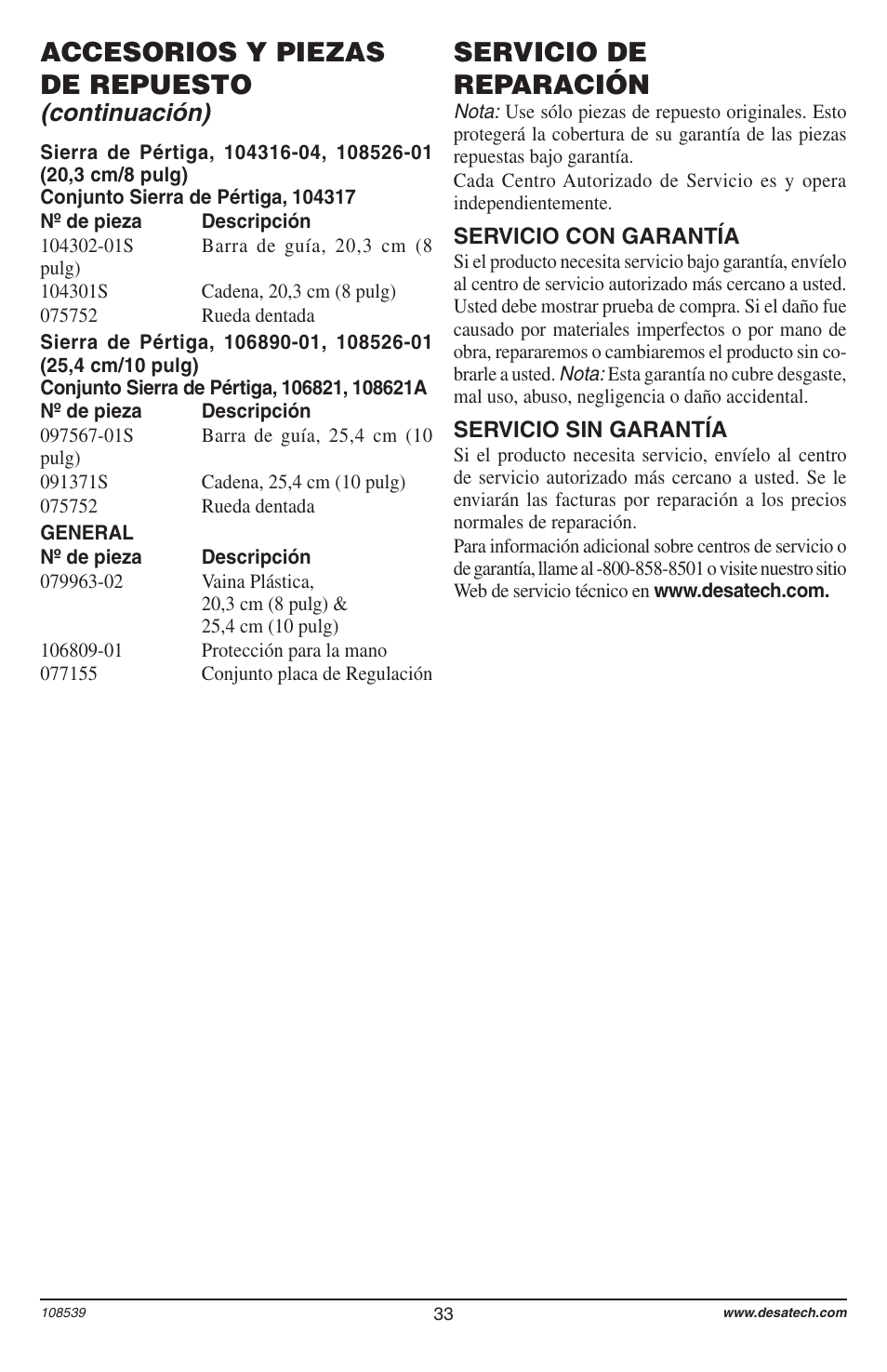 Accesorios y piezas de repuesto, Servicio de reparación, Continuación) | Remington 104316-04 User Manual | Page 33 / 52