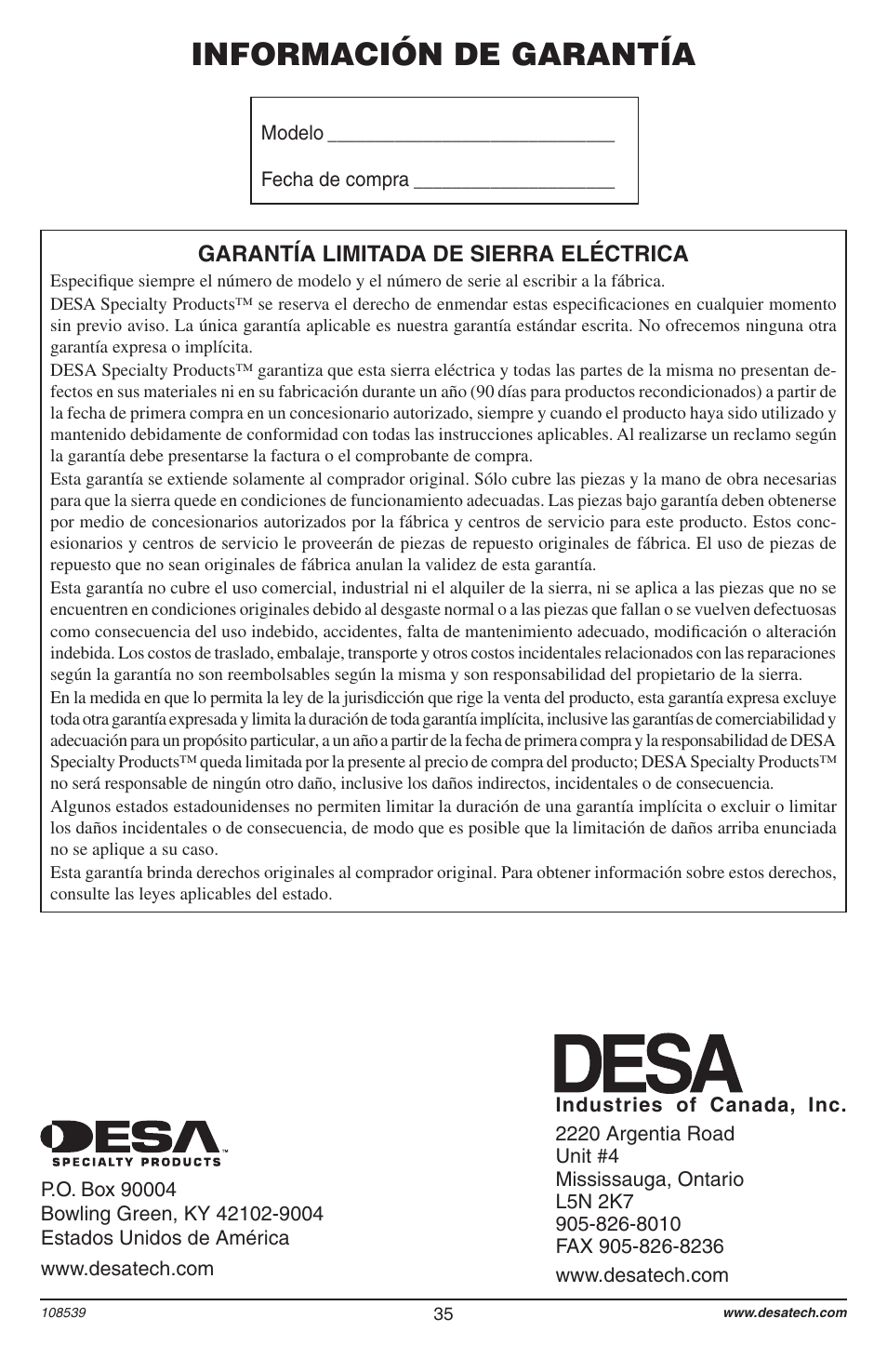 Información de garantía | Remington 104316-04 User Manual | Page 35 / 52