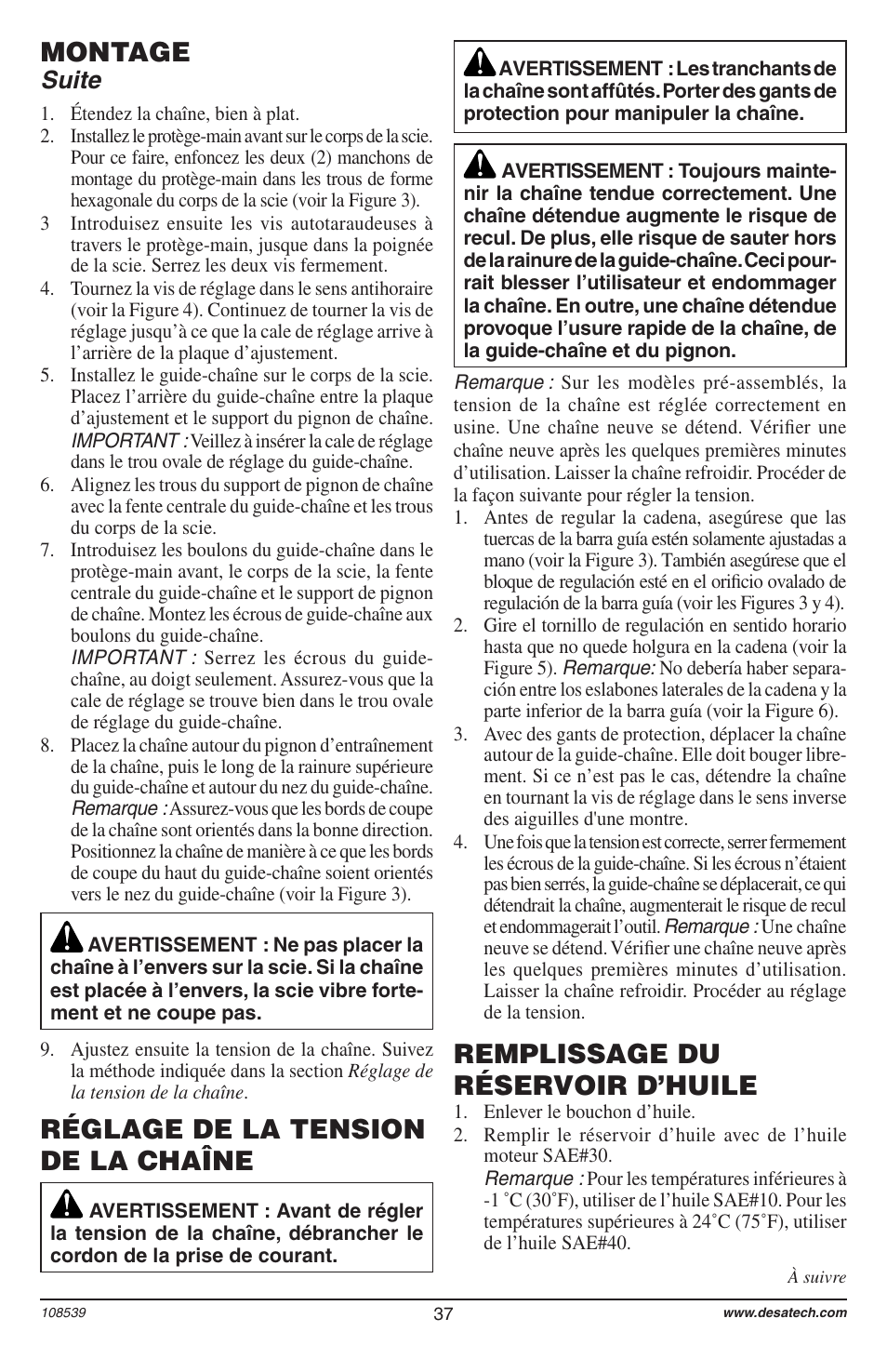 Réglage de la tension de la chaîne, Remplissage du réservoir d’huile, Montage | Suite | Remington 104316-04 User Manual | Page 37 / 52