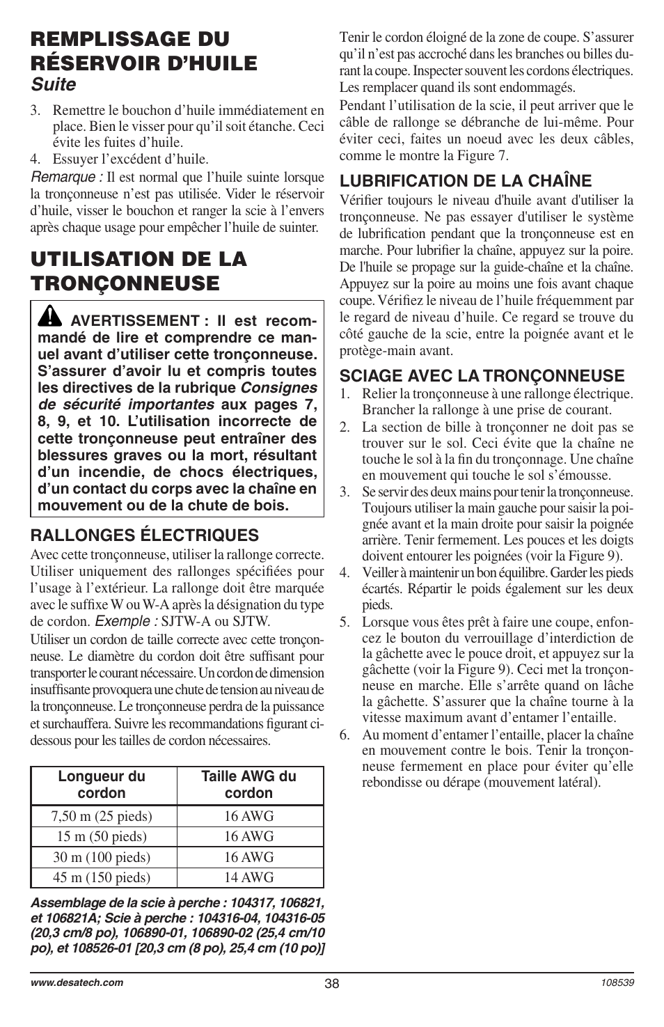 Utilisation de la tronçonneuse, Remplissage du réservoir d’huile, Suite | Remington 104316-04 User Manual | Page 38 / 52