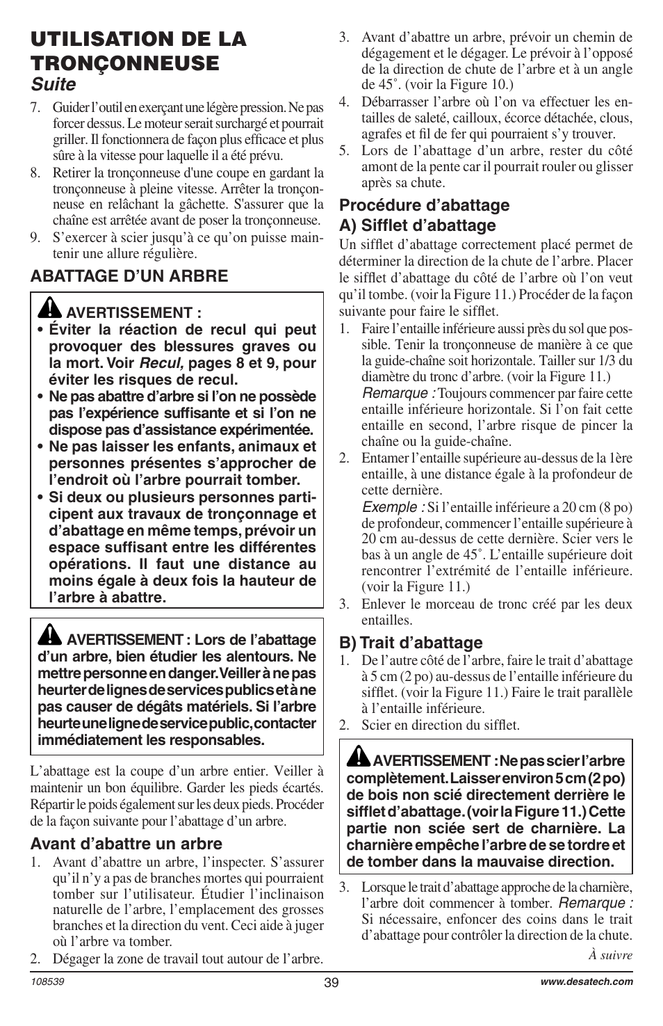 Utilisation de la tronçonneuse, Suite | Remington 104316-04 User Manual | Page 39 / 52