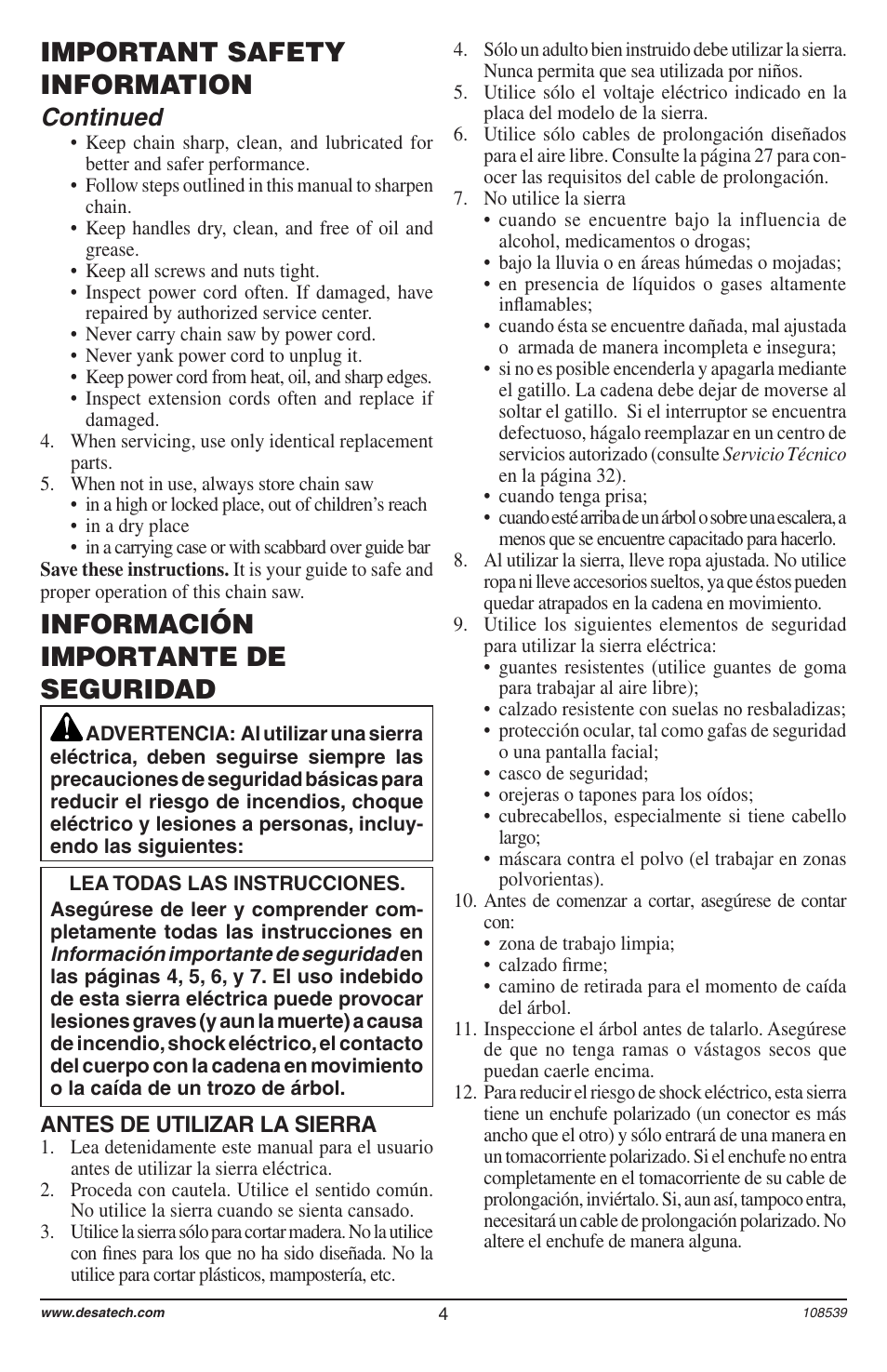 Información importante de seguridad, Important safety information, Continued | Remington 104316-04 User Manual | Page 4 / 52