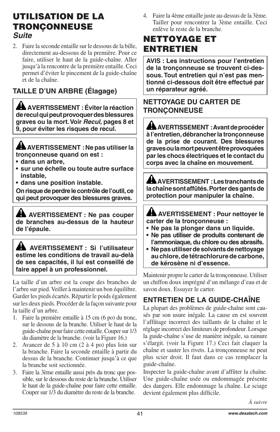 Utilisation de la tronçonneuse, Nettoyage et entretien, Suite | Remington 104316-04 User Manual | Page 41 / 52