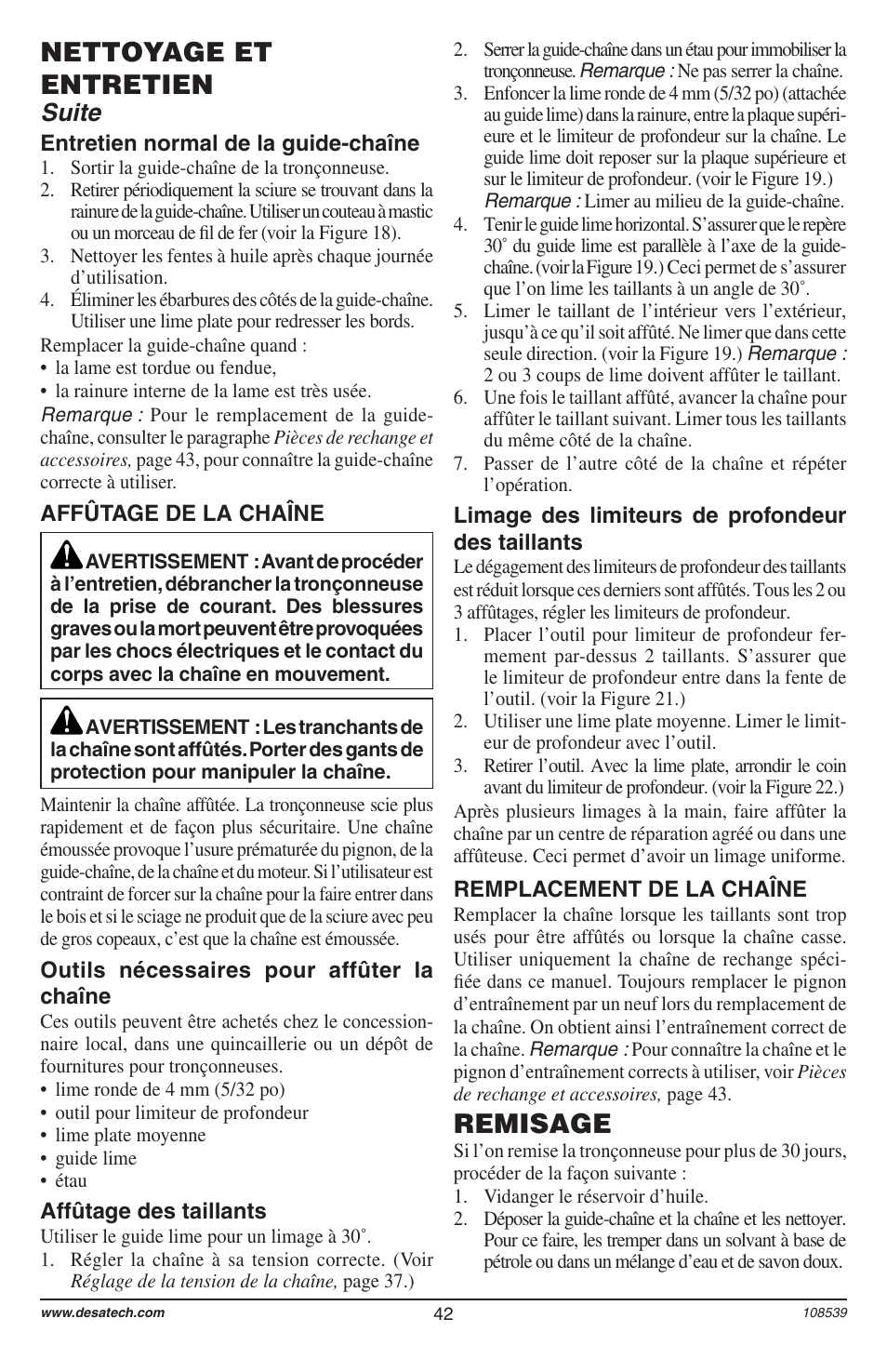 Remisage, Nettoyage et entretien, Suite | Remington 104316-04 User Manual | Page 42 / 52