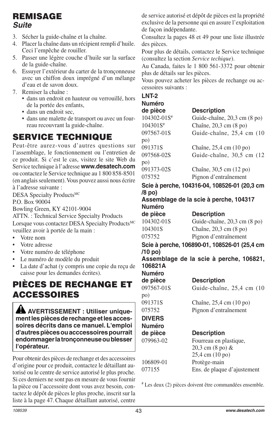 Remisage, Service technique, Pièces de rechange et accessoires | Suite | Remington 104316-04 User Manual | Page 43 / 52