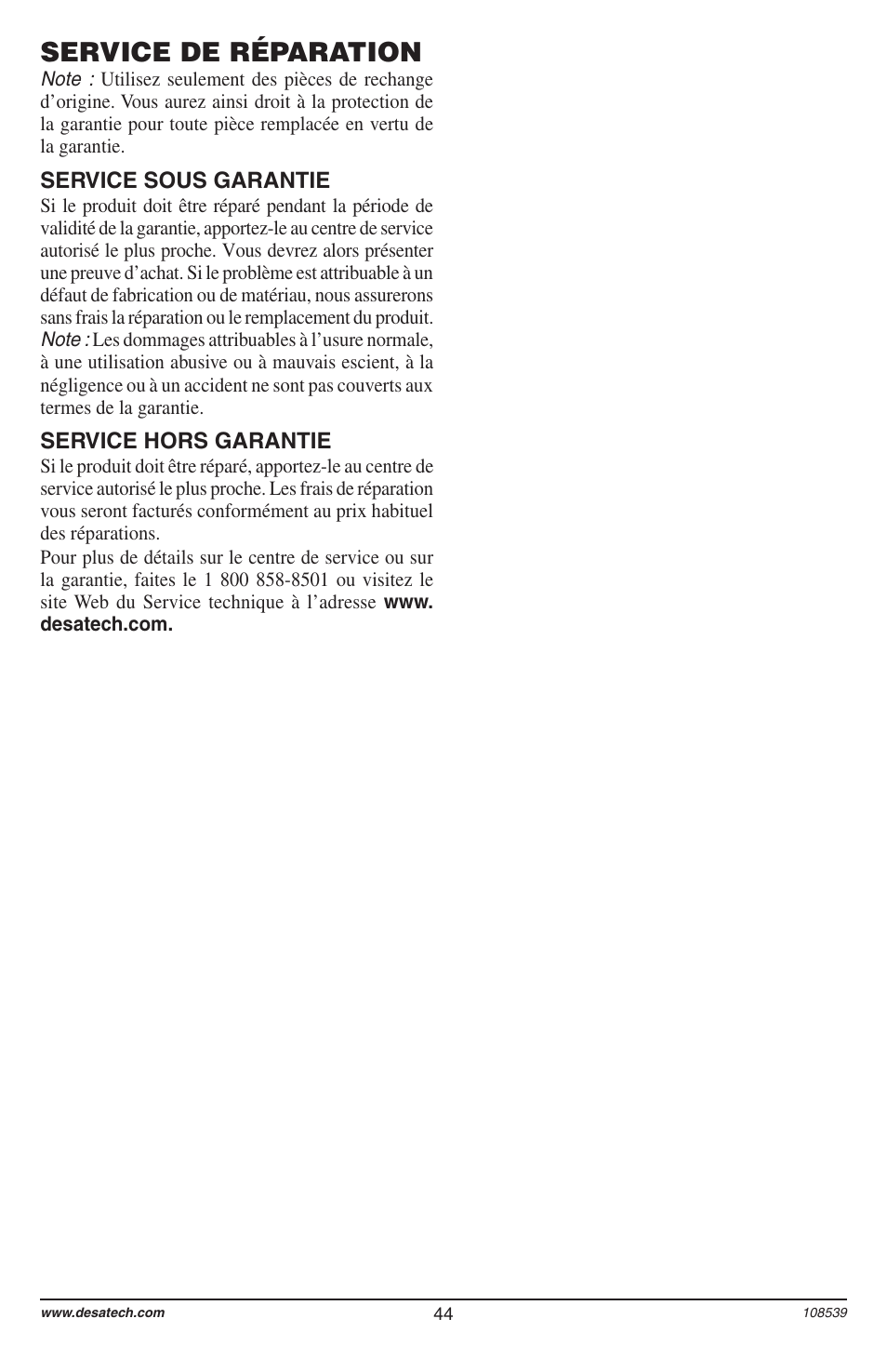 Service de réparation | Remington 104316-04 User Manual | Page 44 / 52