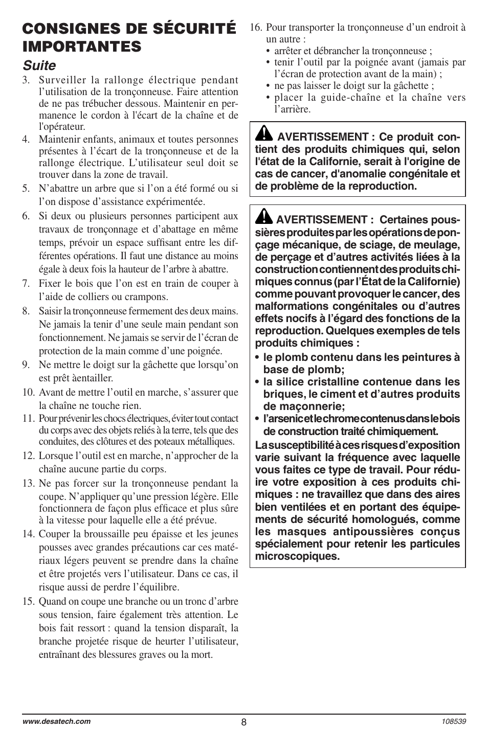 Consignes de sécurité importantes, Suite | Remington 104316-04 User Manual | Page 8 / 52