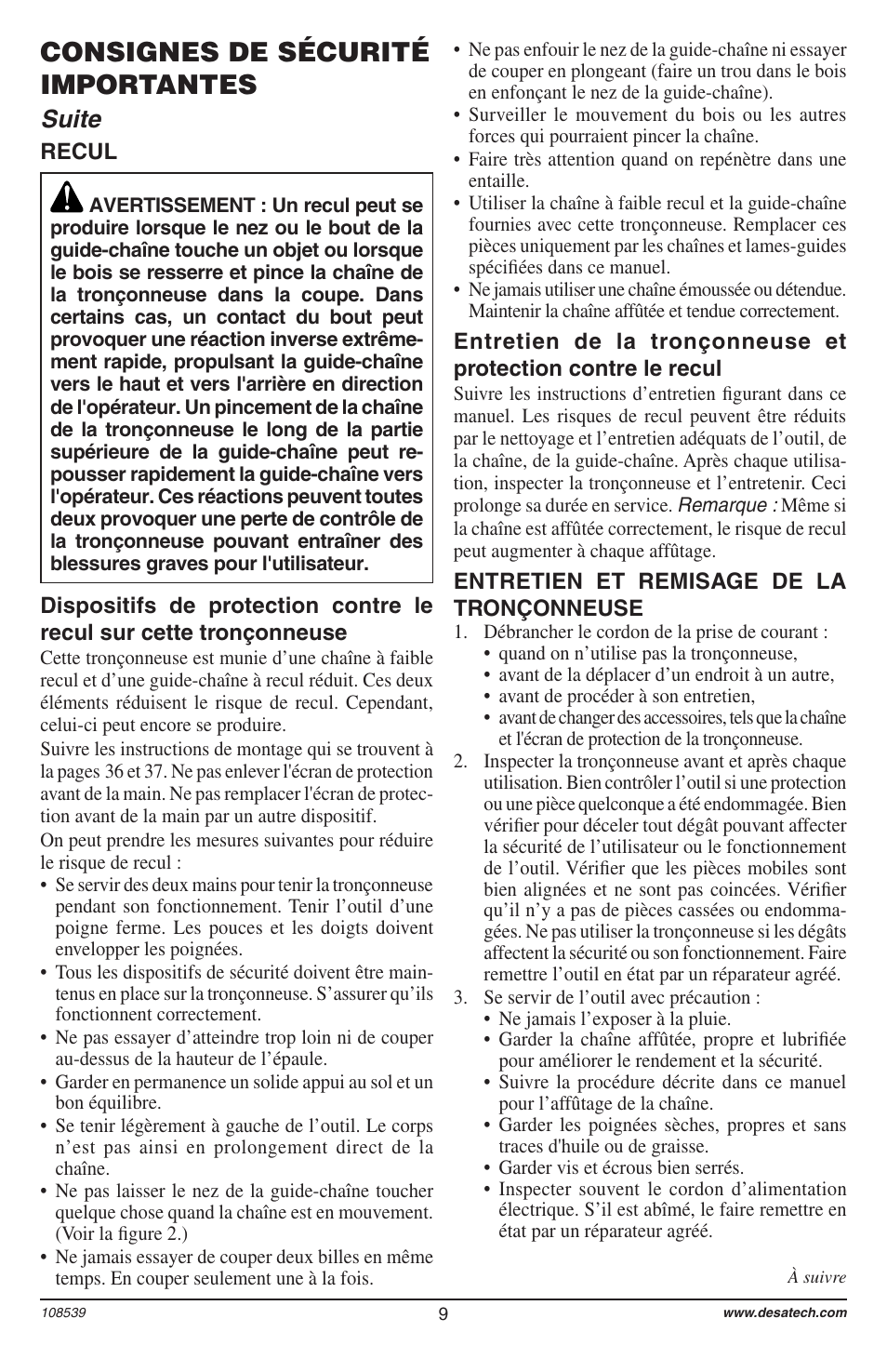 Consignes de sécurité importantes, Suite | Remington 104316-04 User Manual | Page 9 / 52