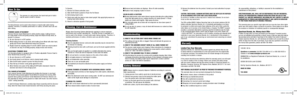 Warranty, Troubleshooting, Cleaning, care & maintenance | How to use, Battery removal | Remington BHT-500 User Manual | Page 2 / 2