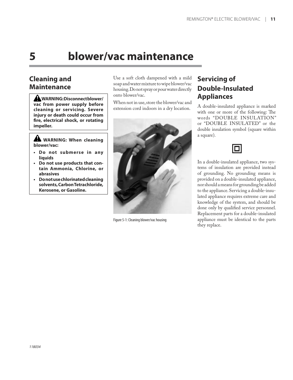 5blower/vac maintenance, Cleaning and maintenance, Servicing of double-insulated appliances | Remington BV12199A User Manual | Page 15 / 60