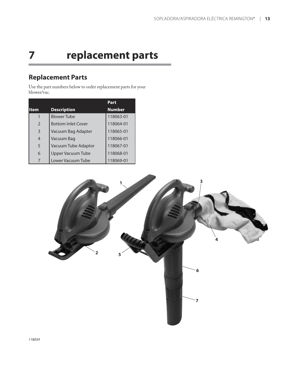 7replacement parts, Replacement parts | Remington BV12199A User Manual | Page 17 / 60