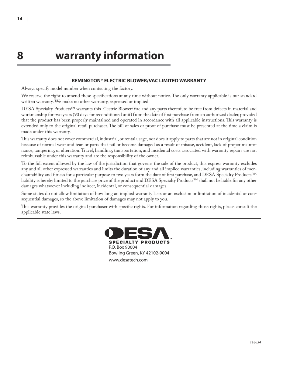 8warranty information | Remington BV12199A User Manual | Page 18 / 60