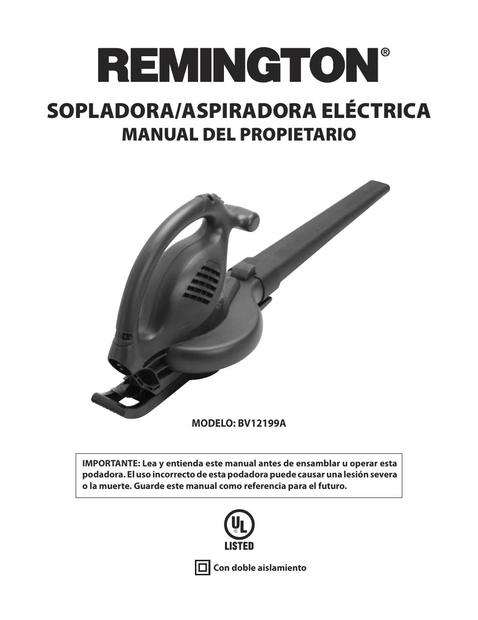 Sopladora/aspiradora eléctrica, Manual del propietario | Remington BV12199A User Manual | Page 19 / 60