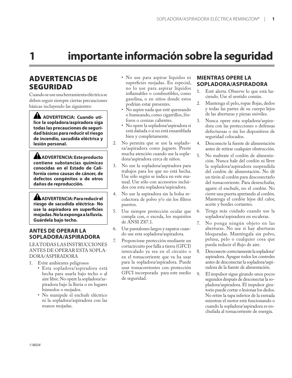1importante información sobre la seguridad, Advertencias de seguridad | Remington BV12199A User Manual | Page 23 / 60