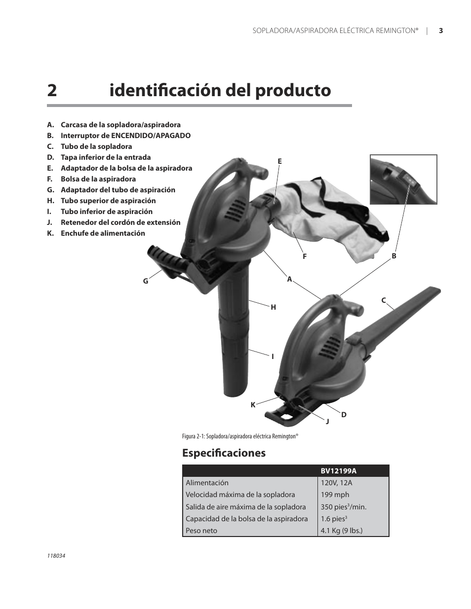 2identiﬁcación del producto, Especiﬁcaciones | Remington BV12199A User Manual | Page 25 / 60