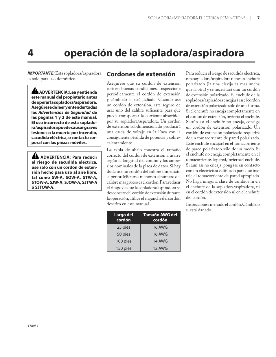 4operación de la sopladora/aspiradora, Cordones de extensión | Remington BV12199A User Manual | Page 29 / 60