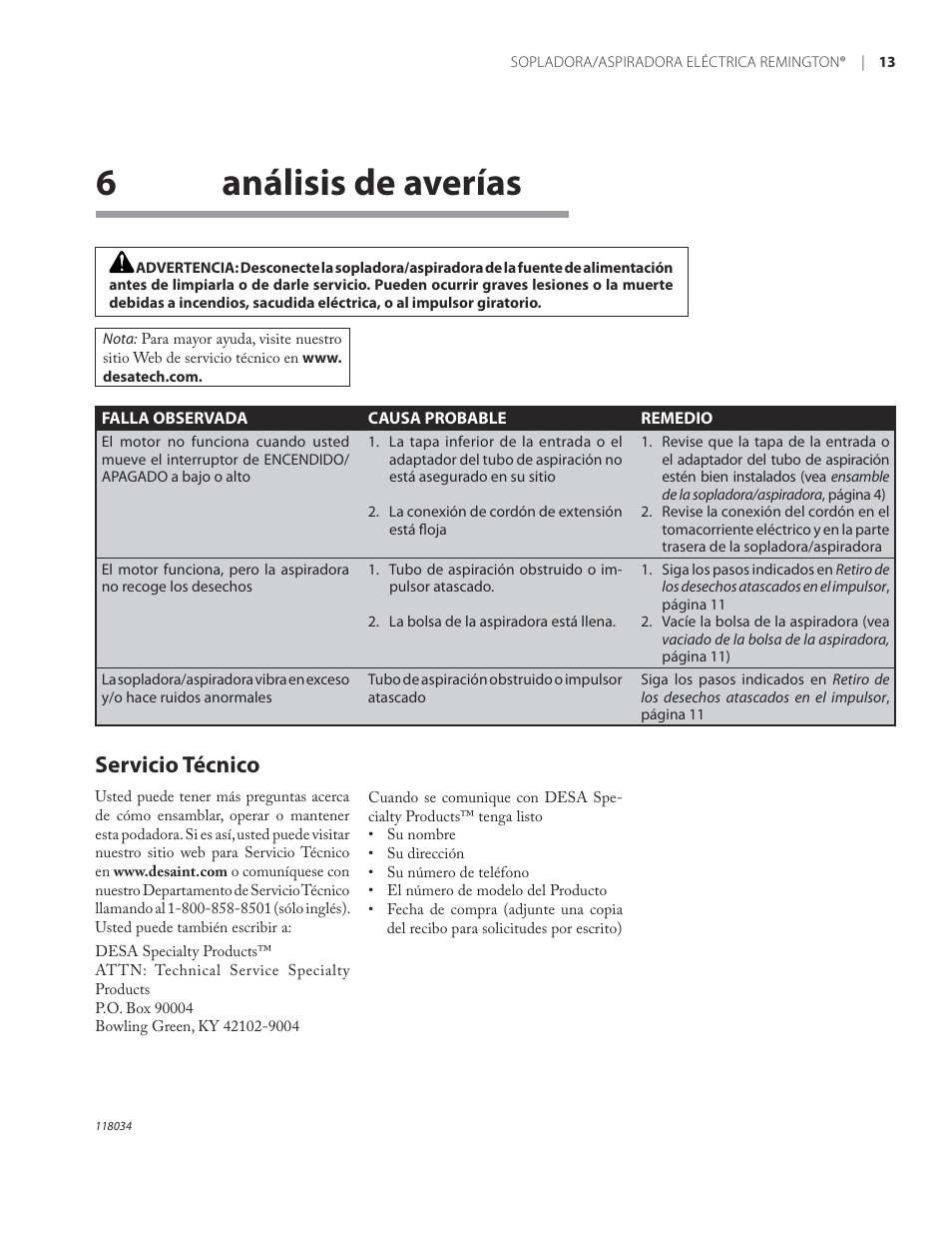 6análisis de averías, Servicio técnico | Remington BV12199A User Manual | Page 35 / 60