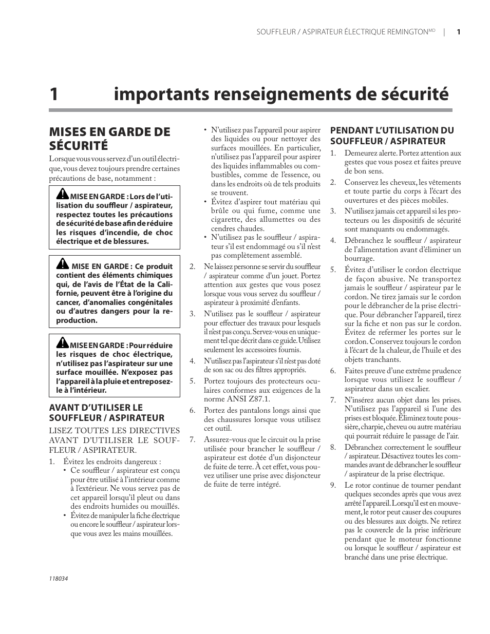 1importants renseignements de sécurité, Mises en garde de sécurité | Remington BV12199A User Manual | Page 43 / 60