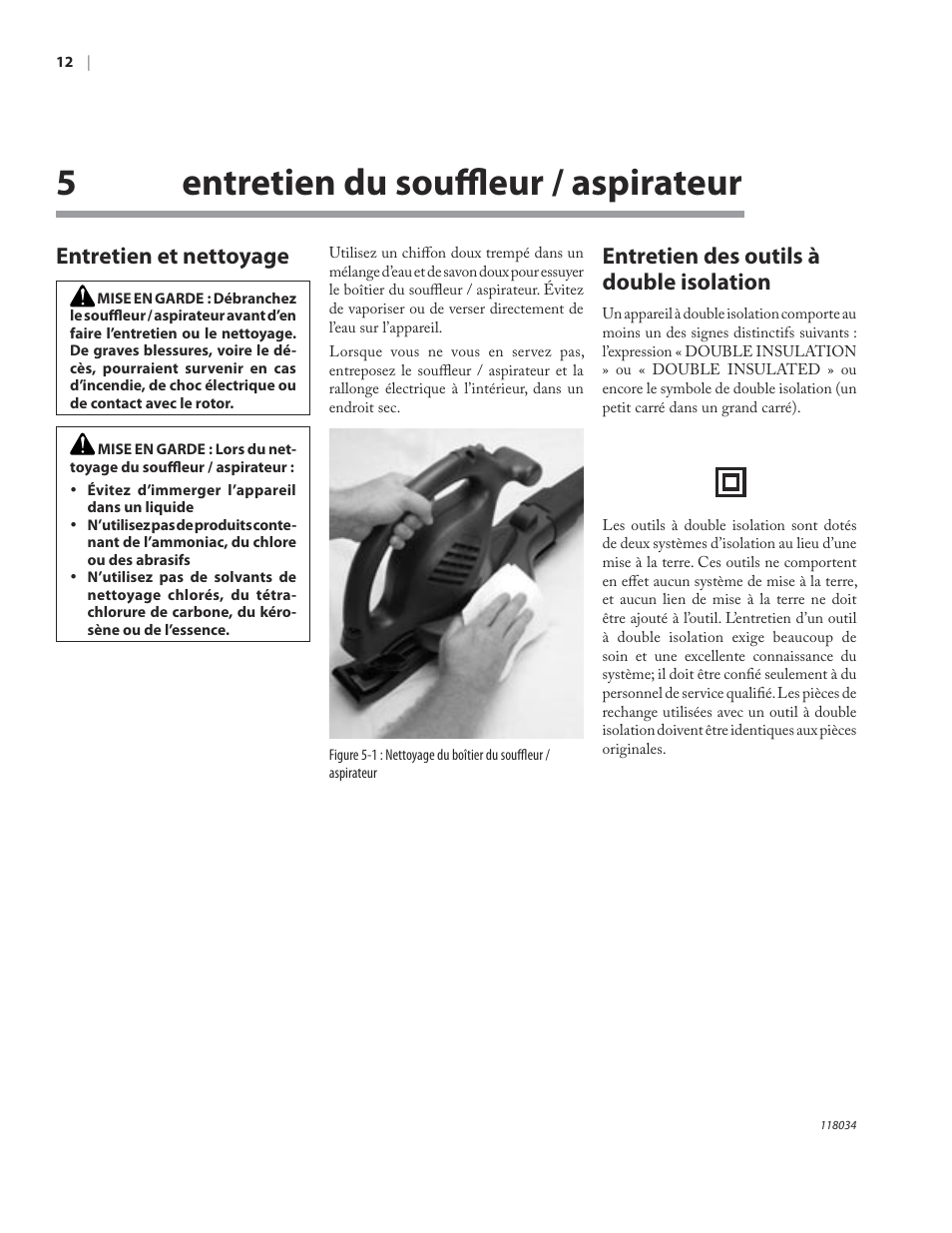 5entretien du souﬄeur / aspirateur, Entretien et nettoyage, Entretien des outils à double isolation | Remington BV12199A User Manual | Page 54 / 60