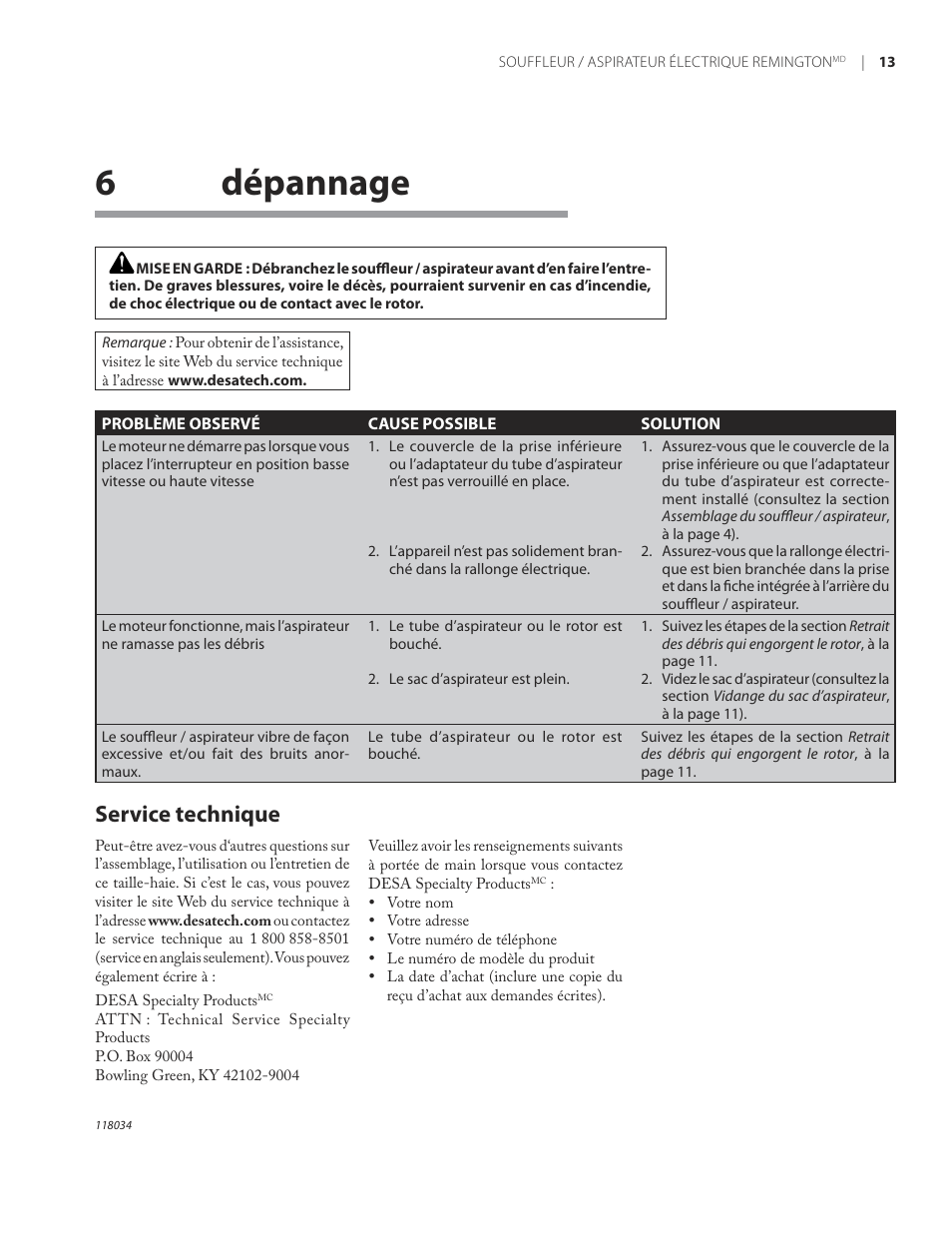 6dépannage, Service technique | Remington BV12199A User Manual | Page 55 / 60