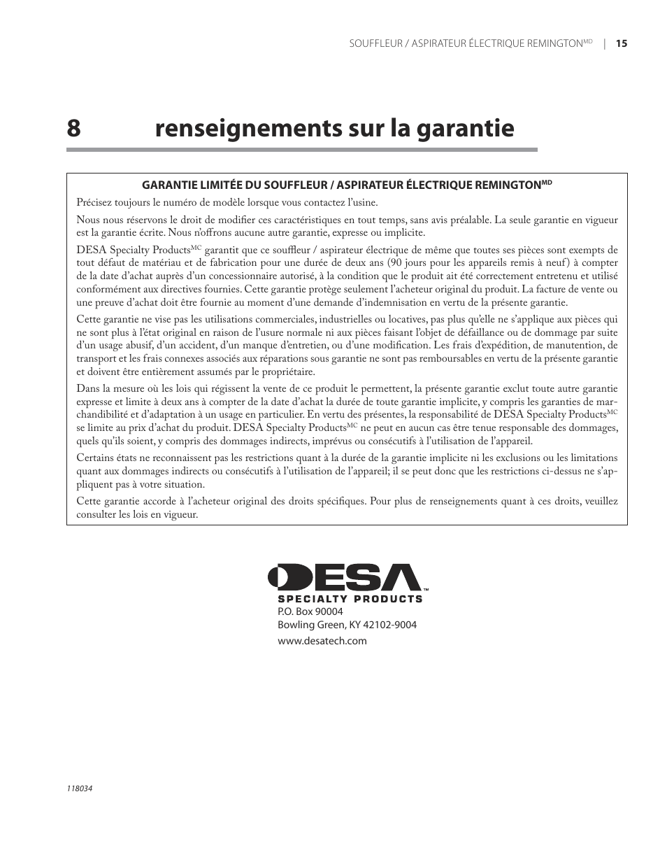 8renseignements sur la garantie | Remington BV12199A User Manual | Page 57 / 60
