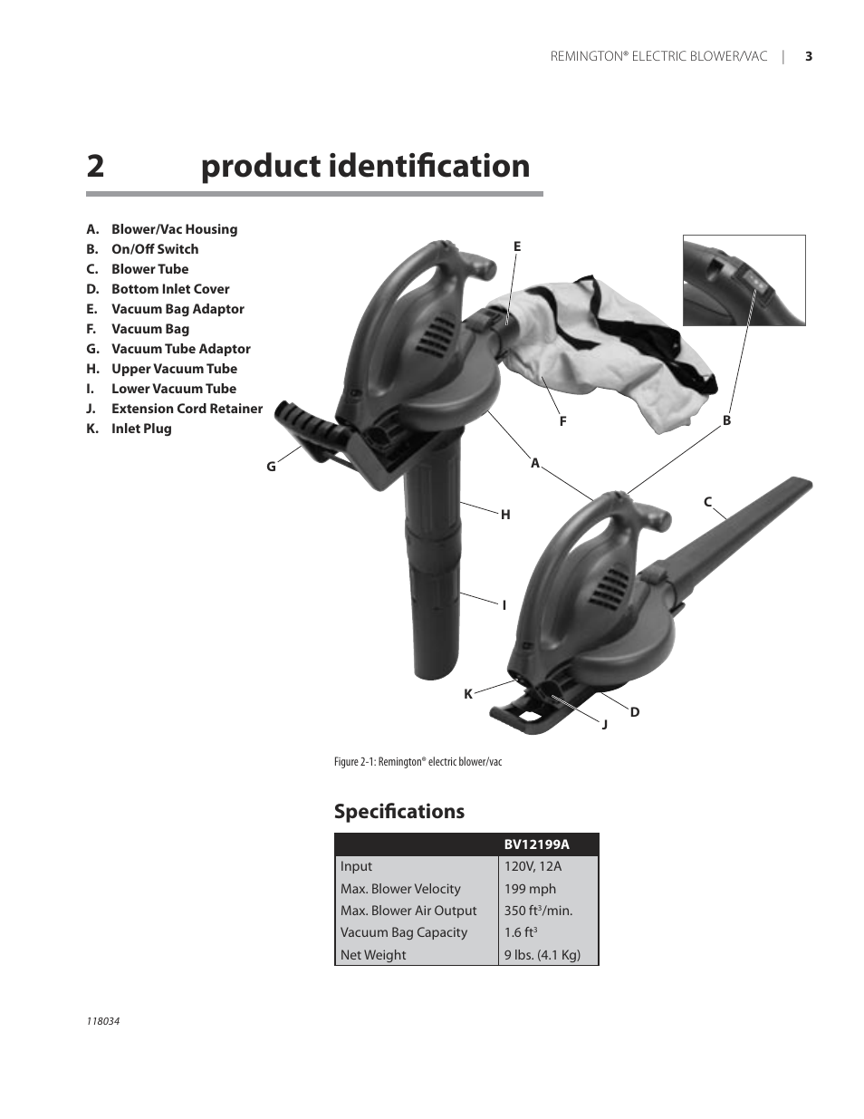 2product identiﬁcation, Speciﬁcations | Remington BV12199A User Manual | Page 7 / 60