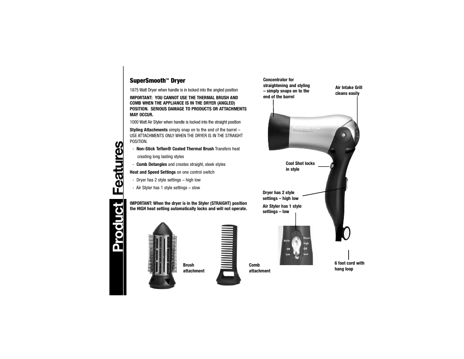 Pr oduct featur es | Remington DS-1000 User Manual | Page 4 / 6