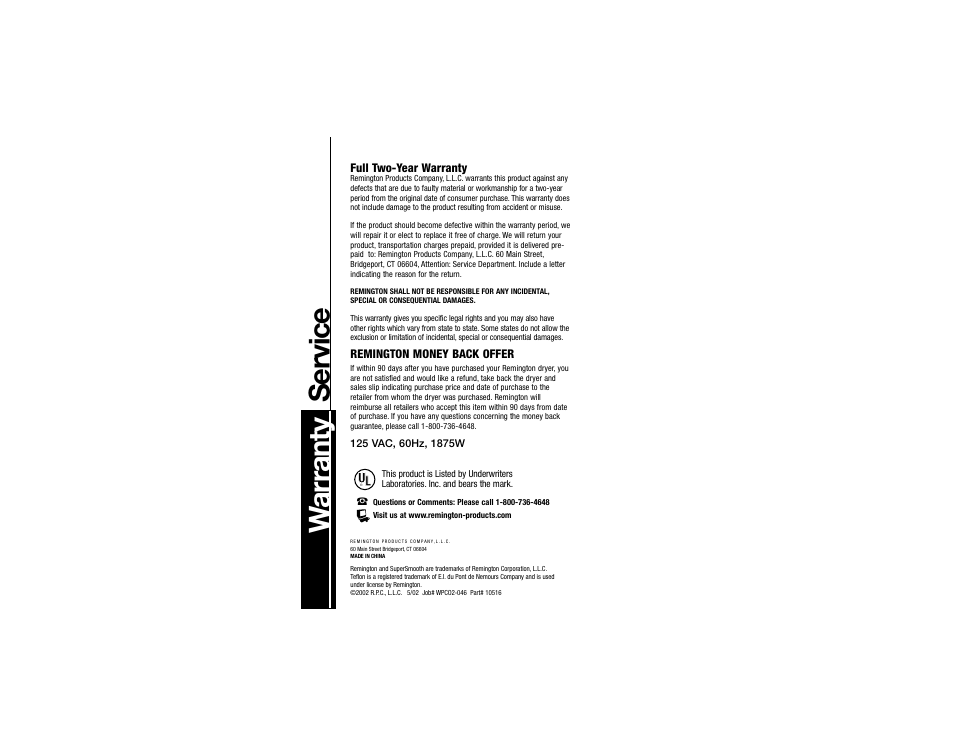 Warranty service | Remington DS-1000 User Manual | Page 6 / 6