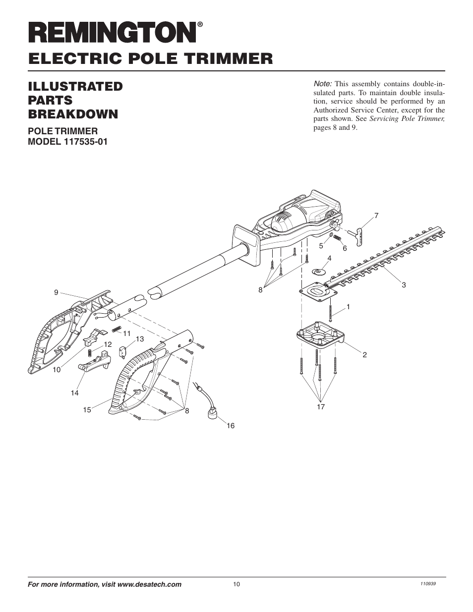 Electric pole trimmer, Illustrated parts breakdown | Remington 117535-01 User Manual | Page 10 / 44