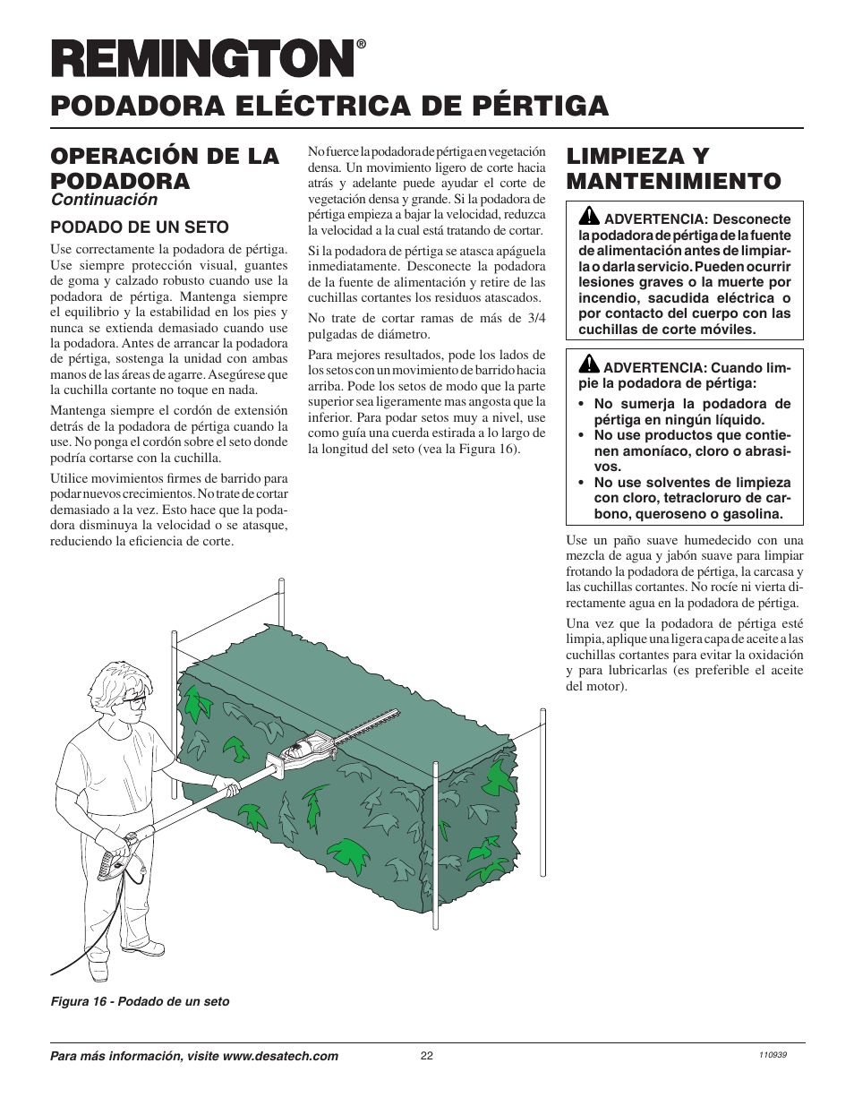 Podadora eléctrica de pértiga, Limpieza y mantenimiento, Operación de la podadora | Remington 117535-01 User Manual | Page 22 / 44