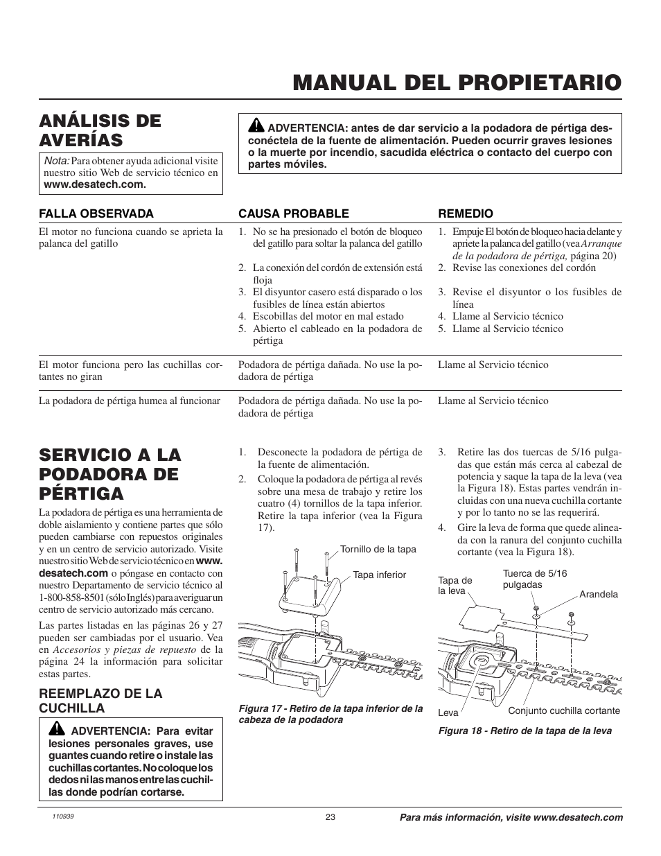Manual del propietario, Análisis de averías, Servicio a la podadora de pértiga | Remington 117535-01 User Manual | Page 23 / 44